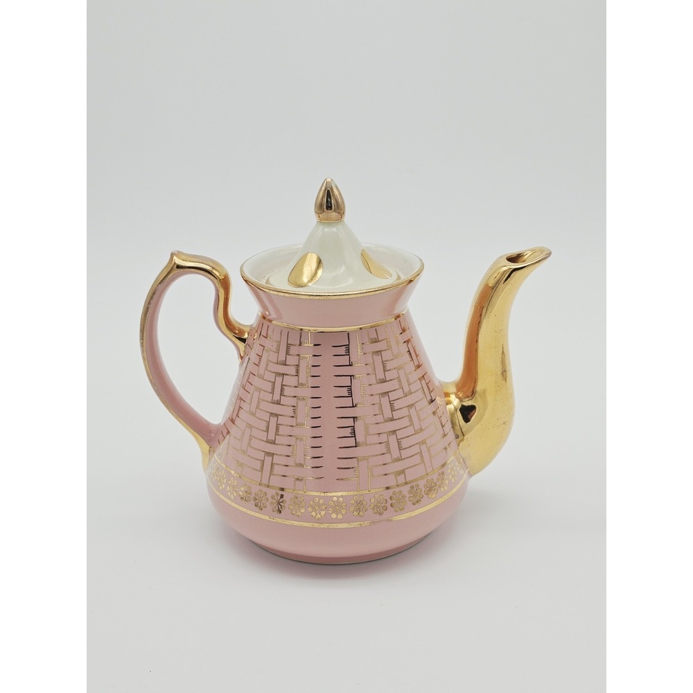 Vintage Hall Philadelphia Basket Weave Pink  Gold Teapot 6 Cup
